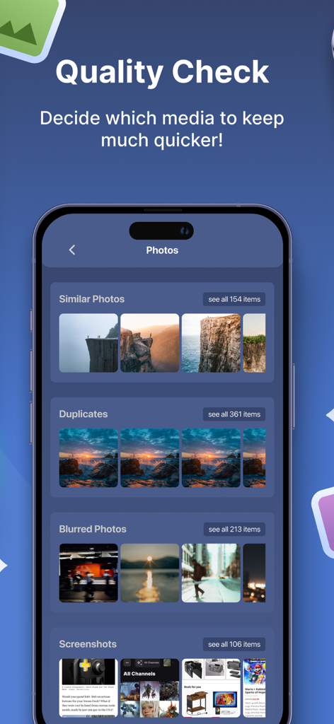 Interfaz de la aplicación Super Smart Cleaner mostrando fotos categorizadas como duplicados e imágenes borrosas para optimizar el almacenamiento