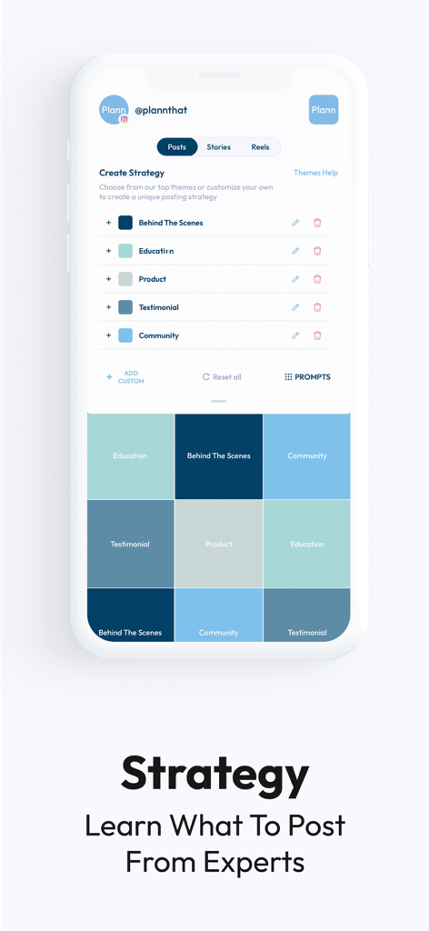 Plann: Preview for Instagram - Mobile app interface of Plann showing the content strategy feature with category placeholders in a visual grid layout.