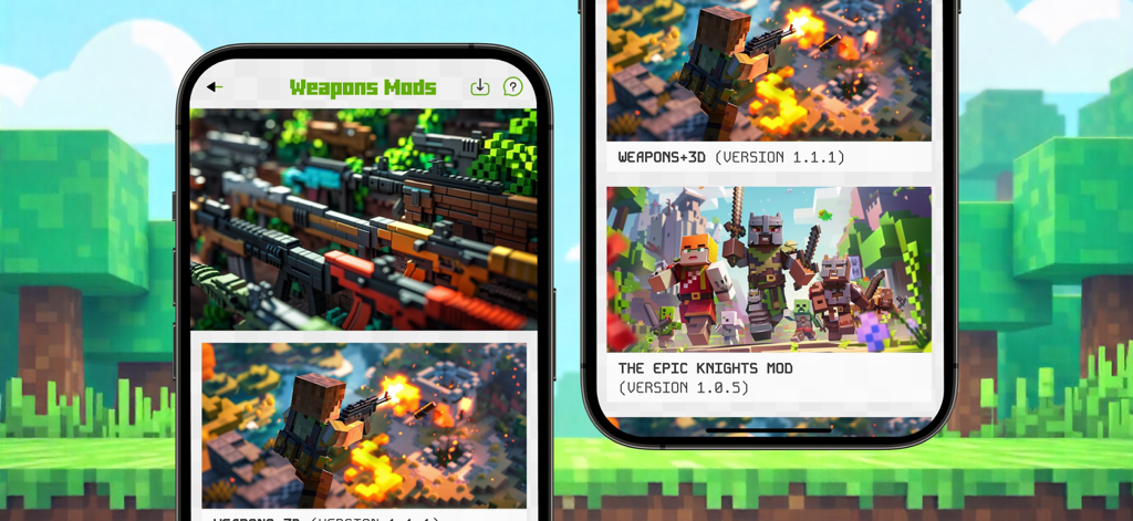 Interface of Mods for Minecraft PE app showing weapons and epic knights mod categories on a smartphone screen.