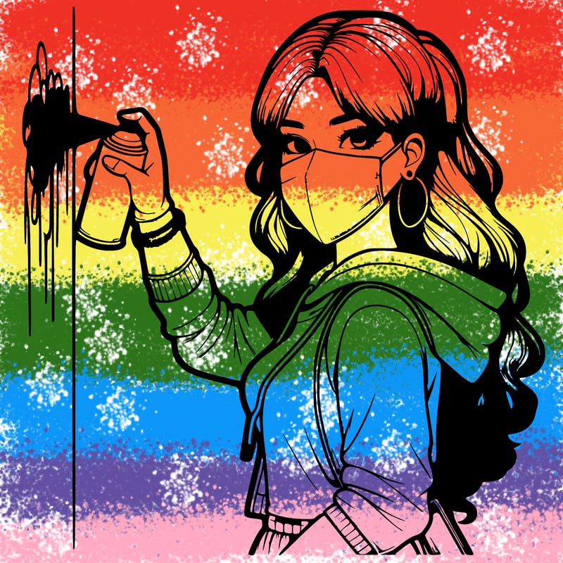 realistic girl with mask spray painting a wall