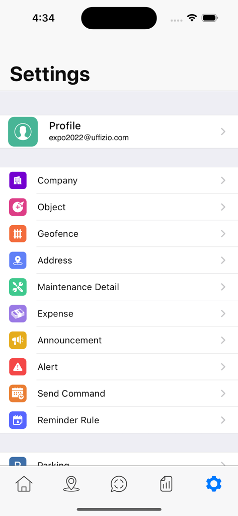 Mobitrack Pro - Mobitrack Pro settings screen showing vehicle tracking management options like Geofence Maintenance and Alerts
