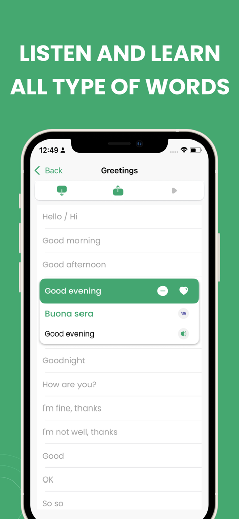 Learn Italian - Phrasebook - Italian phrasebook app showing a list of common greetings with native audio and slow mode options.