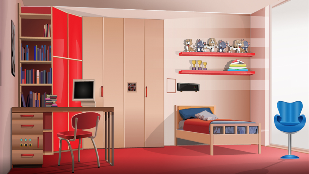 Prison Escape games-the room's secret 14 - A cartoon style bedroom with a desk and bookshelf in a room escape game