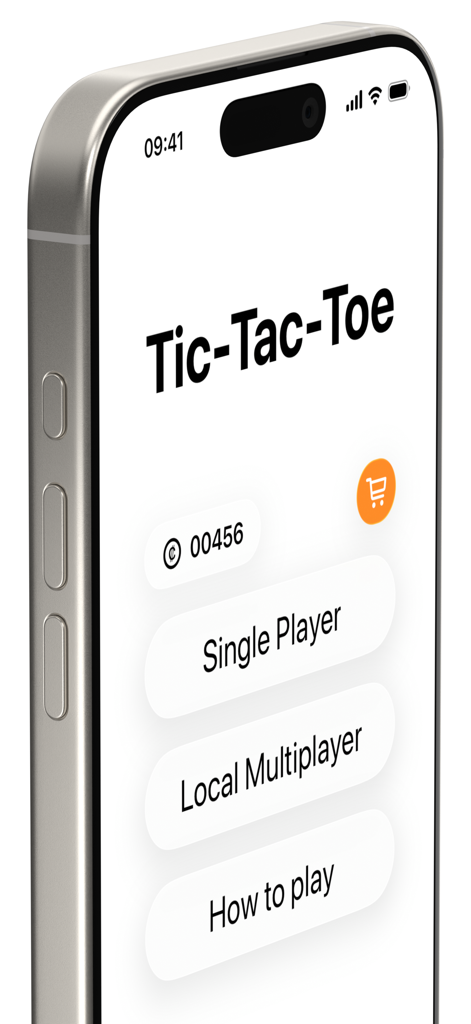 Main menu of the Tic Tac Toe app on a smartphone screen featuring single player and multiplayer game modes.
