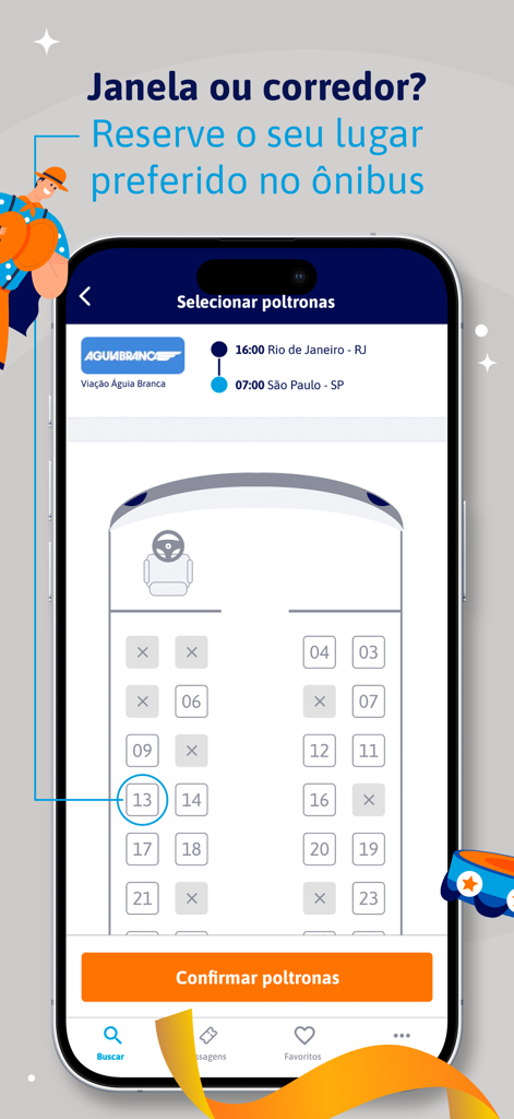 Buson: Passagens de ônibus - A mobile interface for the Buson app showing a bus seat map for selecting window or aisle seats on a route from Rio de Janeiro to Sao Paulo.