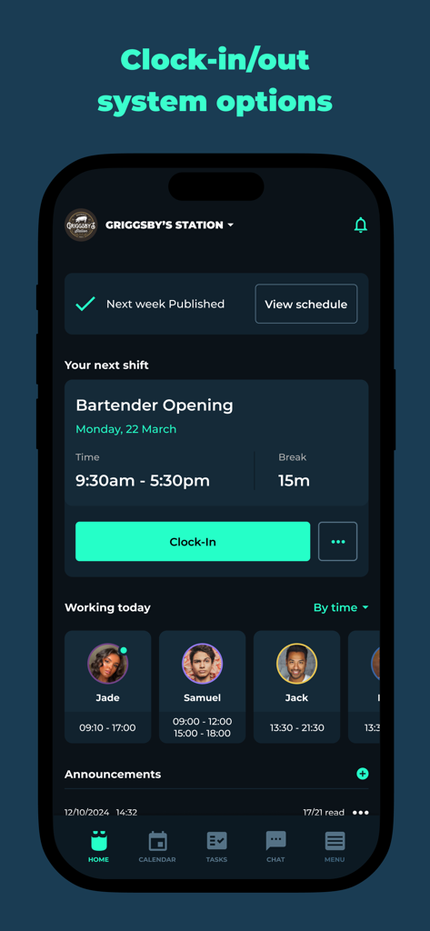 Employee Scheduling by BLEND - バーテンダーのシフトスケジュールと、緑色の出勤ボタン、および本日勤務中の従業員リストが表示されたモバイルアプリインターフェース。