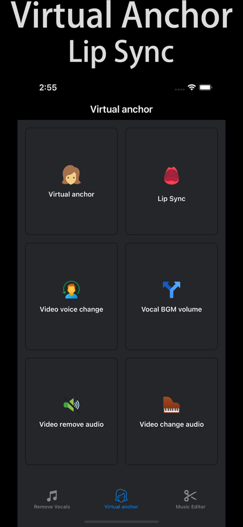 Remove Vocals-vocal extractor - App interface showing virtual anchor lip sync and video voice change tools