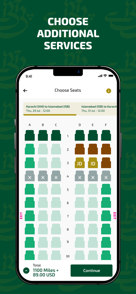 Mapa de asientos del avión y pantalla de selección en la aplicación móvil de PIA
