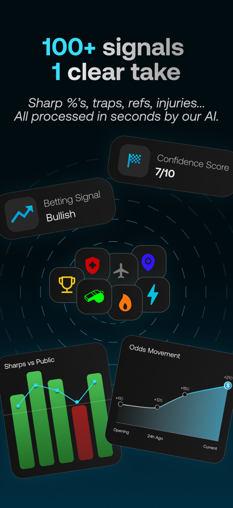 Bet AI app interface showing sports betting signals and data analytics charts