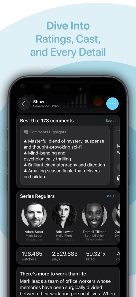 Rippple app interface showing TV show details cast and comments