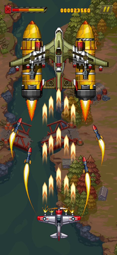 Gameplay screenshot of 1945 Air Force showing a WWII fighter plane engaging in a boss battle against a massive enemy aircraft.