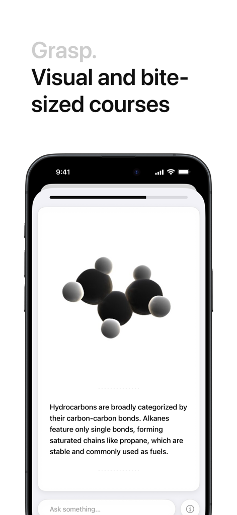 Grasp - AI Crash Courses - Grasp app displaying a visual and bite sized chemistry lesson on hydrocarbons with a molecular model