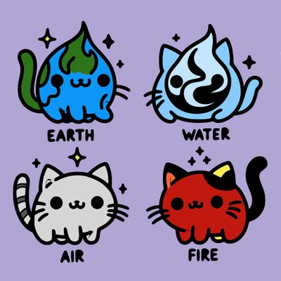 4 cats that represent the different elements, earth, water, air, and fire