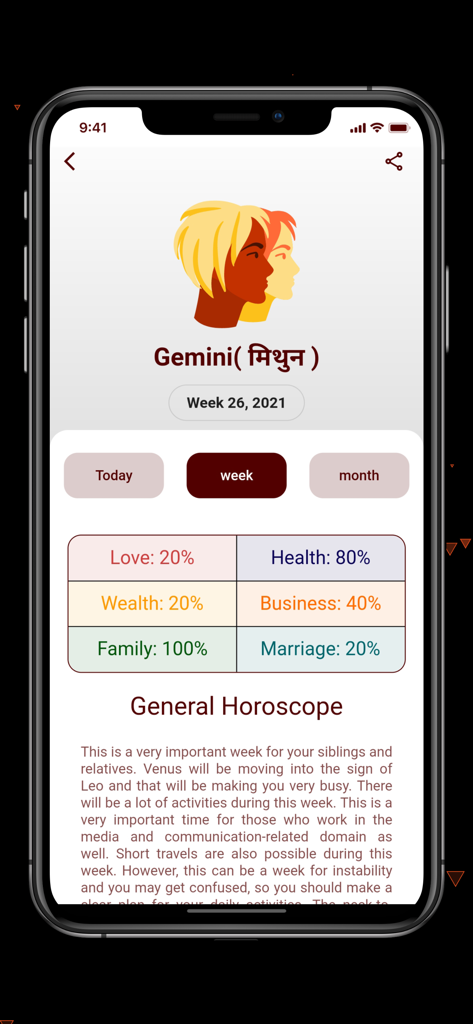 Wöchentlicher Horoskopbildschirm für Zwillinge mit Lebenskategorien wie Liebe, Gesundheit und Familie sowie einer detaillierten allgemeinen Vorhersage