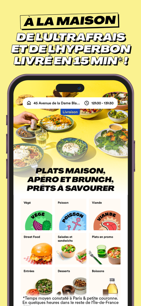 Frichti : Plats maison & apéro - Interface de l'application mobile Frichti montrant les catégories de repas préparés par les chefs et une promesse de livraison en 15 minutes.