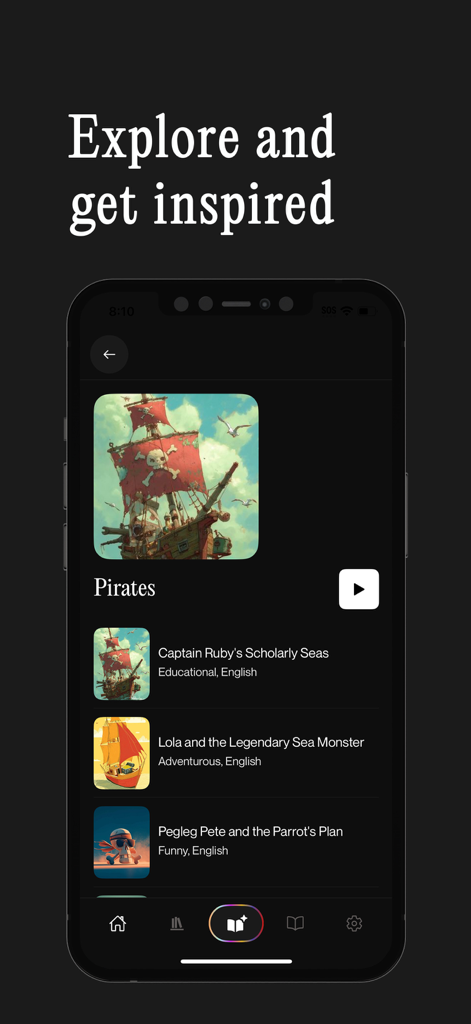 Interface do aplicativo Sleepytale mostrando uma lista de histórias para dormir com tema pirata para crianças