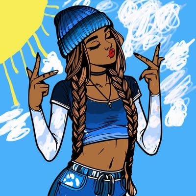 realistic teenage girl with braids and a beanie and crop top doing 🫶🏼