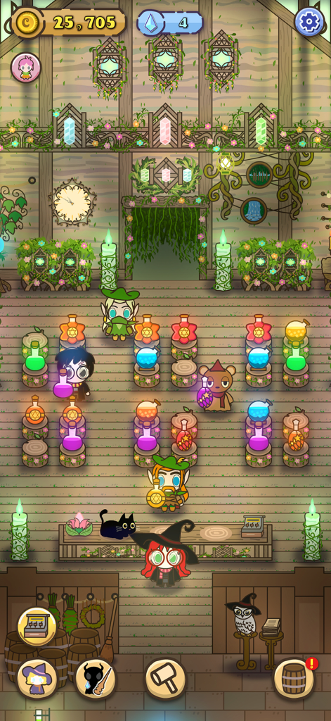 Witch's Potion Shop - Interior of a cozy magic shop with a witch and colorful potions