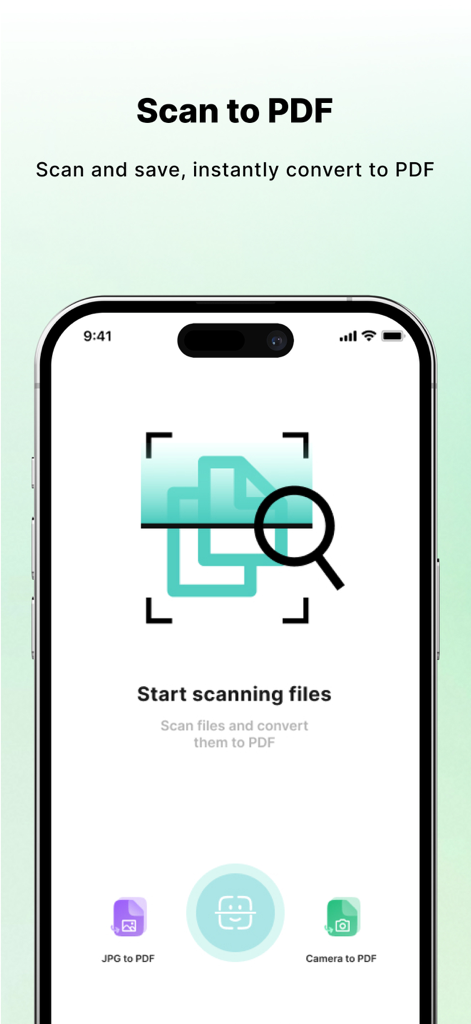 PDF AI Scannerアプリのメイン画面。スキャンしてPDFに変換する機能、カメラ、画像変換オプションが表示されています。