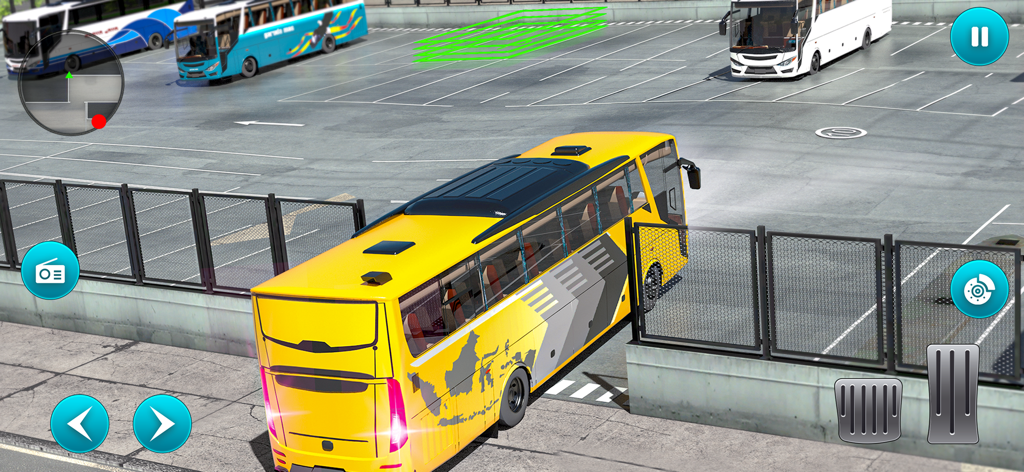 Yellow tour bus navigating a parking lot in World Tour Bus Simulator 2024 game interface