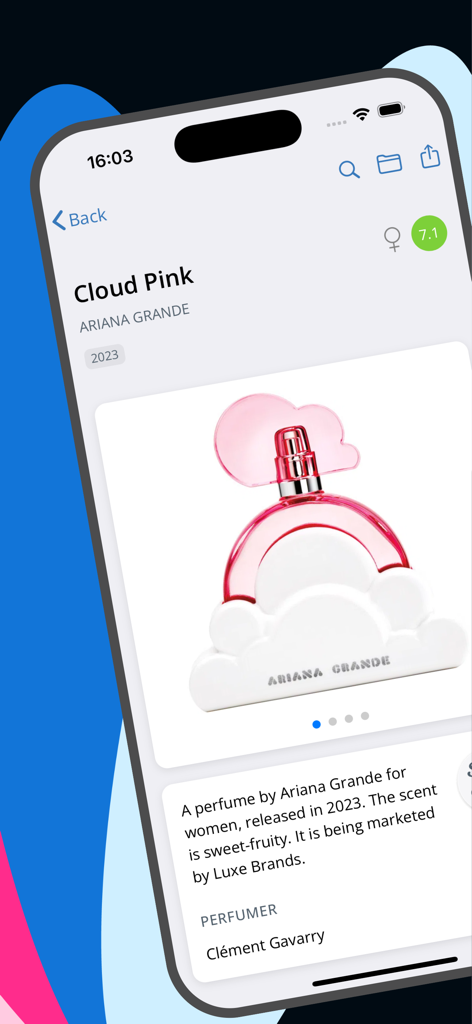 Parfumo app fragrance detail page for Cloud Pink by Ariana Grande showing the bottle and scent notes