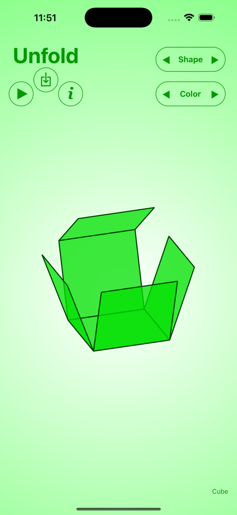 Unfold - A screenshot of the Unfold educational app showing a green 3D cube being unfolded into a geometric net.