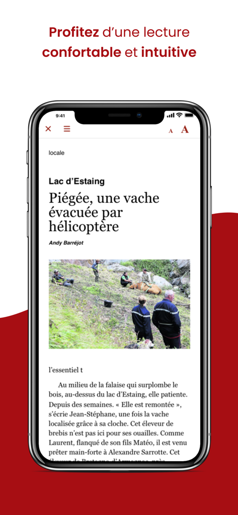 Un smartphone affichant un article d'actualité locale dans l'application mobile La NR des Pyrenees.