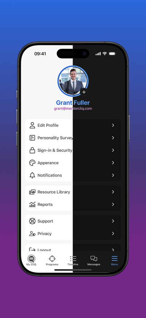 MentorcliQ - MentorcliQ app menu screen showing user profile and settings with a split view of light and dark mode themes