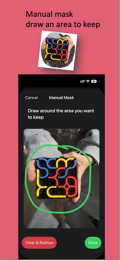 Wrap For Tesla - Screenshot of the Wrap For Tesla app demonstrating the manual mask tool to select a specific area of a photo for a custom digital wrap