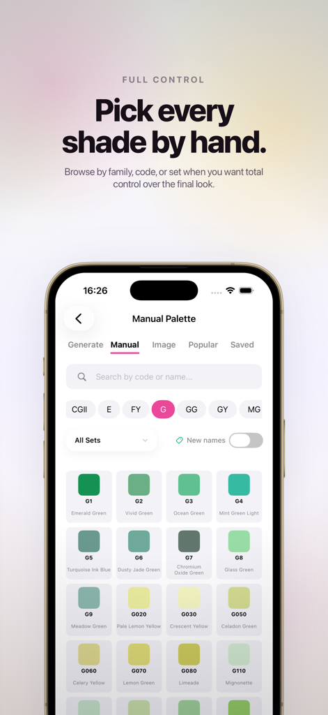 Manual color palette interface in the Colora app for picking specific marker shades by hand