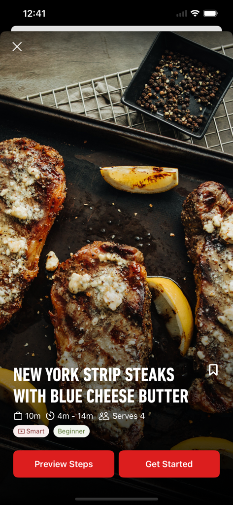 Screenshot of the Weber Connect app displaying a New York Strip Steaks with Blue Cheese Butter recipe
