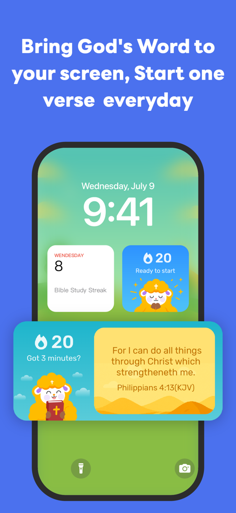 Manna: Daily Bible Study - Pantalla de bloqueo del iPhone mostrando widgets de la app Manna para versículos bíblicos diarios y rachas de estudio