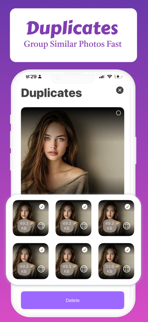 Fast Cleaner: AI Photo Clean - Fast Cleaner app interface showing duplicate photos identified by AI for quick storage cleanup