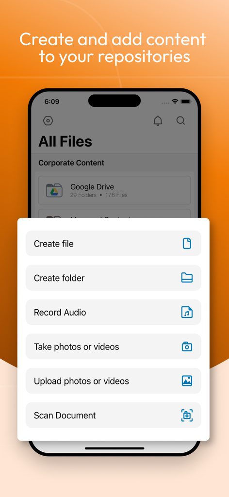 Content - Workspace ONE - 파일, 폴더를 만들고 문서를 스캔하는 메뉴를 보여주는 Workspace ONE 콘텐츠 앱 인터페이스.