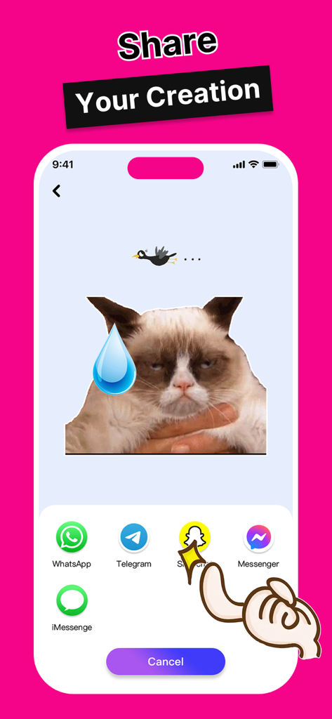 Sticker by Sticker Maker - Interface showing a grumpy cat sticker with options to share it on WhatsApp Telegram and Snapchat