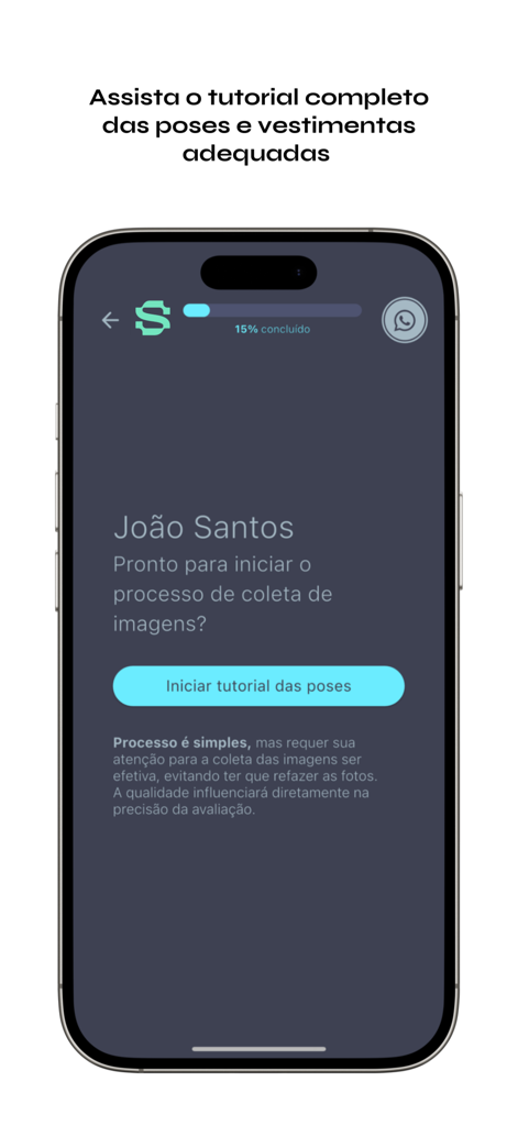 Smartphone screen showing the onboarding process for an AI fitness photo capture app with a button to start a pose tutorial.