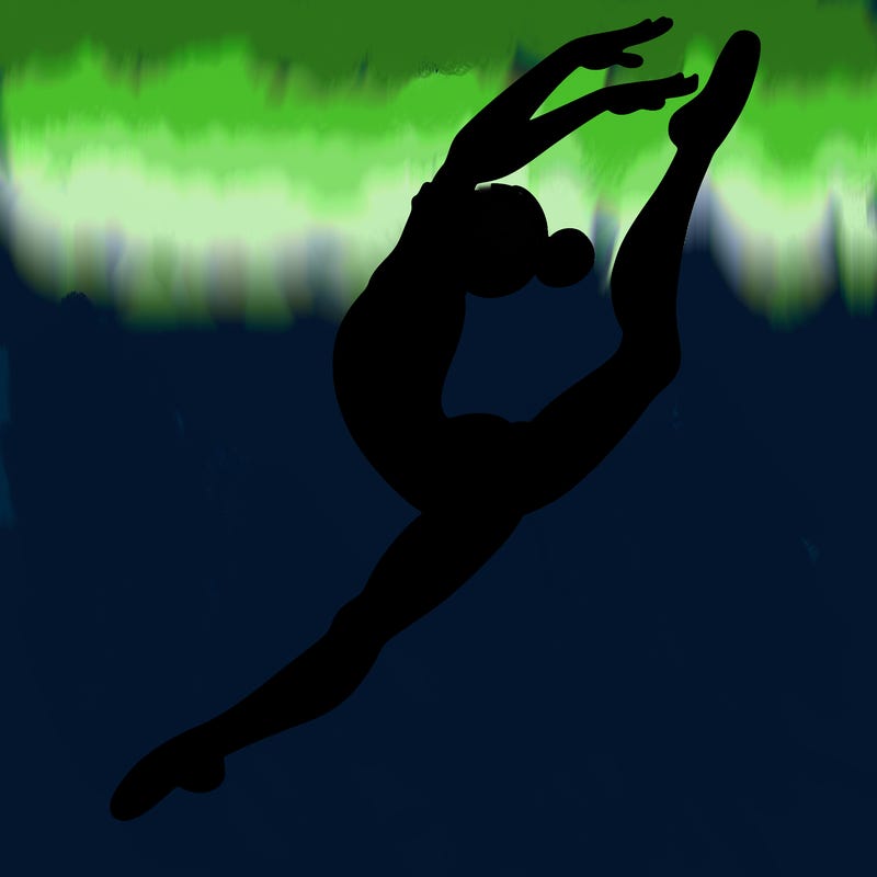 gymnast doing a leap in a leotard with a bent back leg