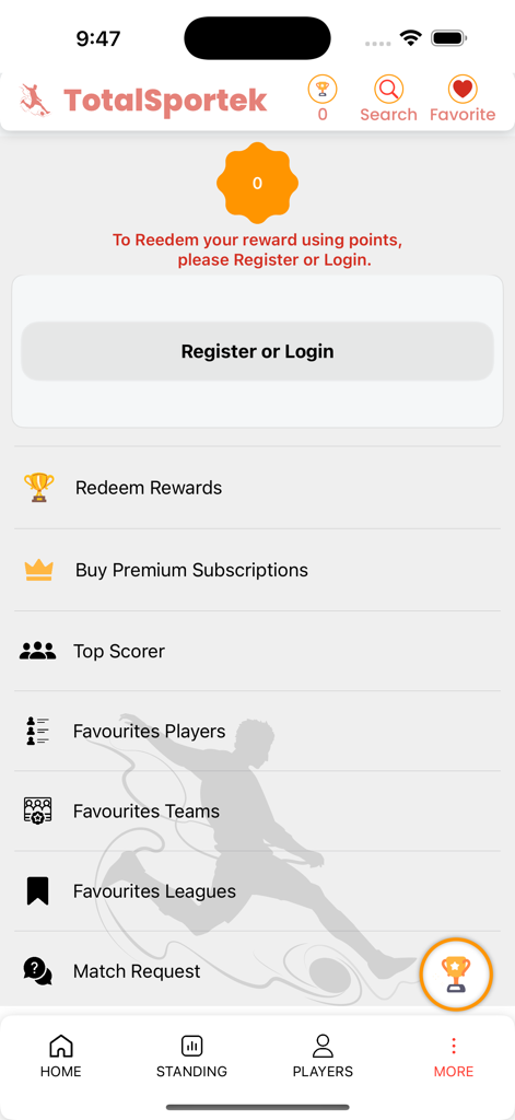 Menú "Más" de la aplicación TotalSportek con recompensas, máximos goleadores y jugadores y equipos favoritos