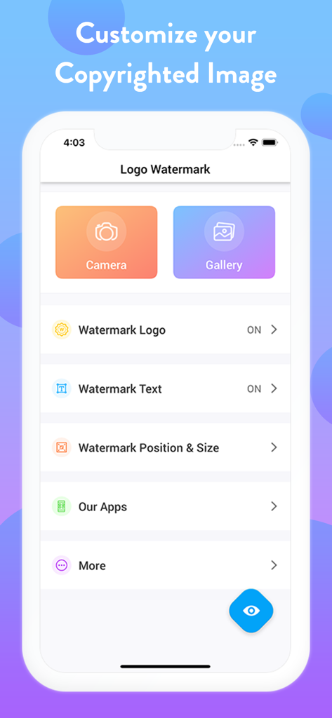 Add Logo Watermark on Photos - Interface of the watermark app showing camera and gallery options with logo and text customization settings