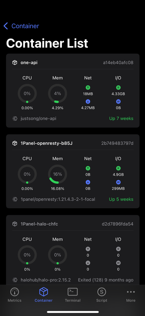Das Dashboard der ServerX-App zeigt eine Liste von Docker-Containern mit Echtzeit-CPU- und Speichermetriken an