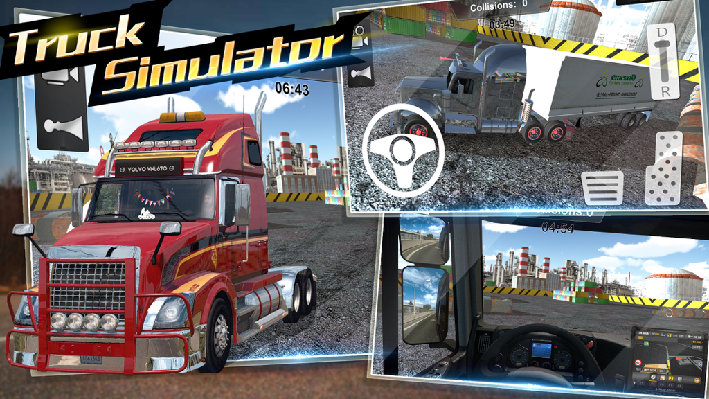 卡车模拟-汽车模拟驾驶游戏 - Collage of mobile game screens showing a red semi-truck, a grey freight truck, and an interior dashboard view