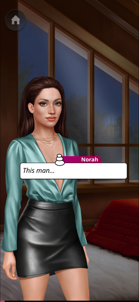 Female character Norah in a teal blouse and black skirt from Tabou Stories