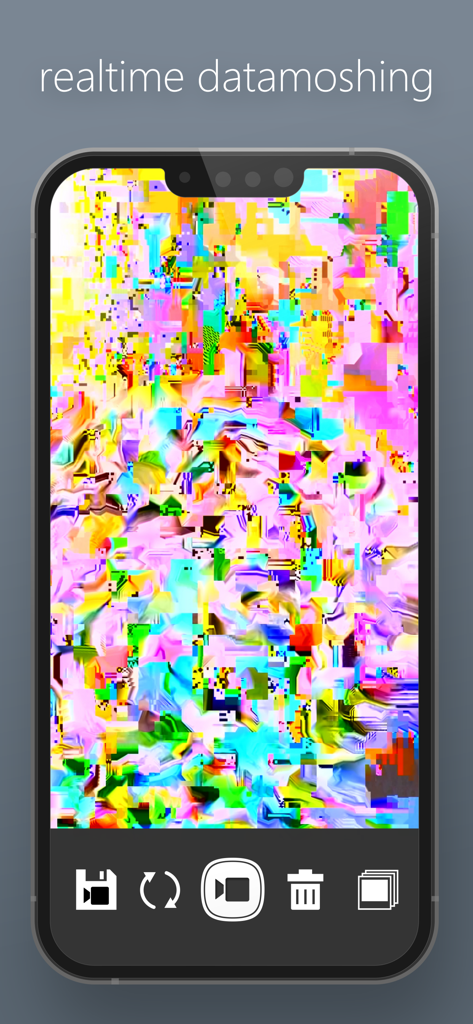 スマートフォンの画面にカラフルなリアルタイムデータモッシングエフェクトが表示されているMoshUpアプリのインターフェース