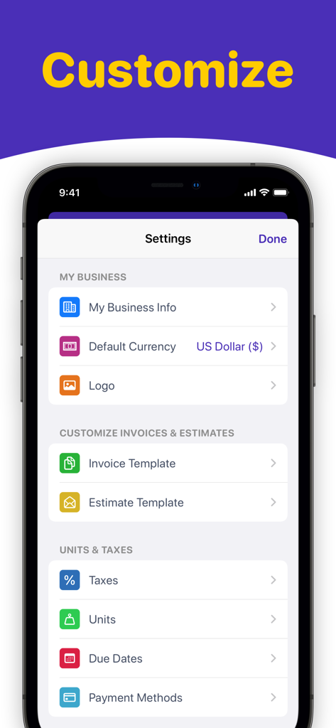 Invoice Maker +ㅤ - Settings screen of the Invoice Maker app showing options to customize business info logo and templates