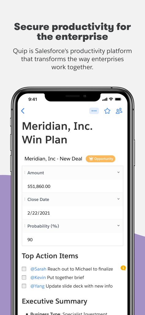 Quip - Docs, Chat, Sheets - Quipアプリに、モバイル画面上のアクションアイテム付きエンタープライズウィン計画が表示されている様子