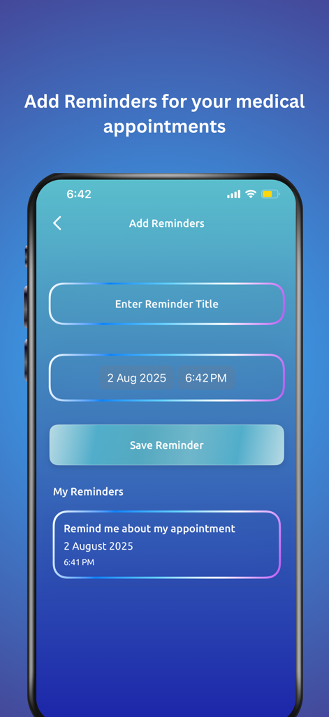 MediTrack app interface for setting and viewing medical appointment reminders