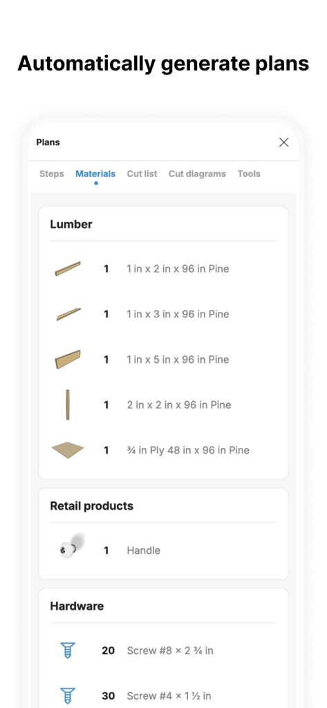 MakeByMe: 3D Furniture Design - Una lista de materiales y herrajes para un proyecto de bricolaje en la aplicación MakeByMe