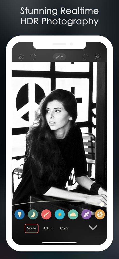 Relight - Better Photos - Relight app interface showing real time HDR editing on a black and white portrait