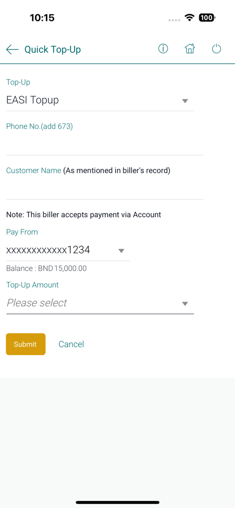 TAIBVX - TAIBVX mobile banking app screen showing the Quick Top-Up form for EASI prepaid recharge.