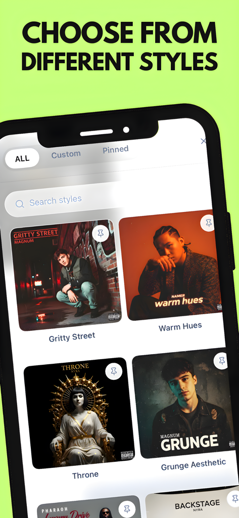 Tela de smartphone mostrando uma variedade de estilos de capa de álbum gerados por IA, como Gritty Street e Grunge Aesthetic
